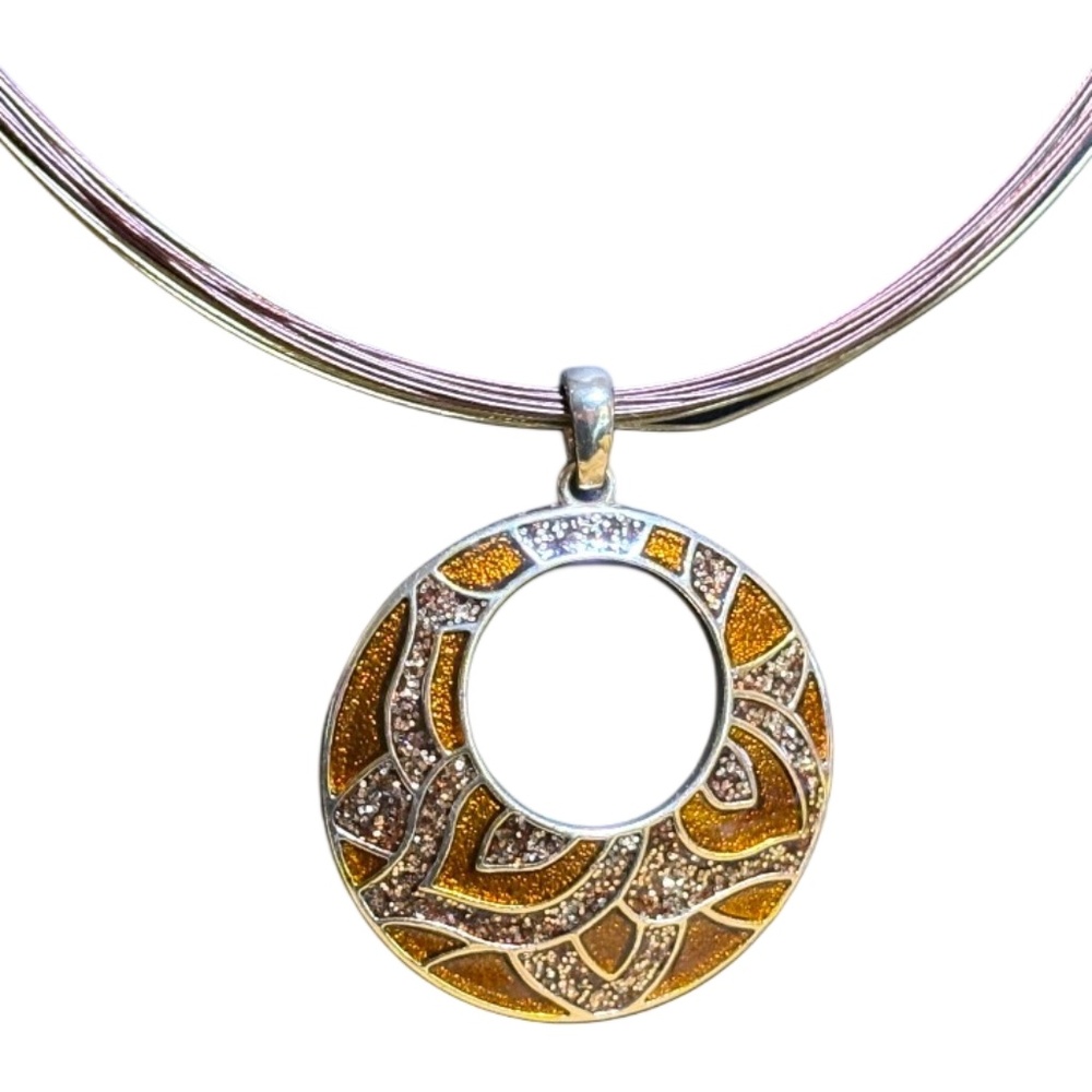 Mixed Metal Circle Pendant Necklace Gold Silver Enamel Statement Choker
